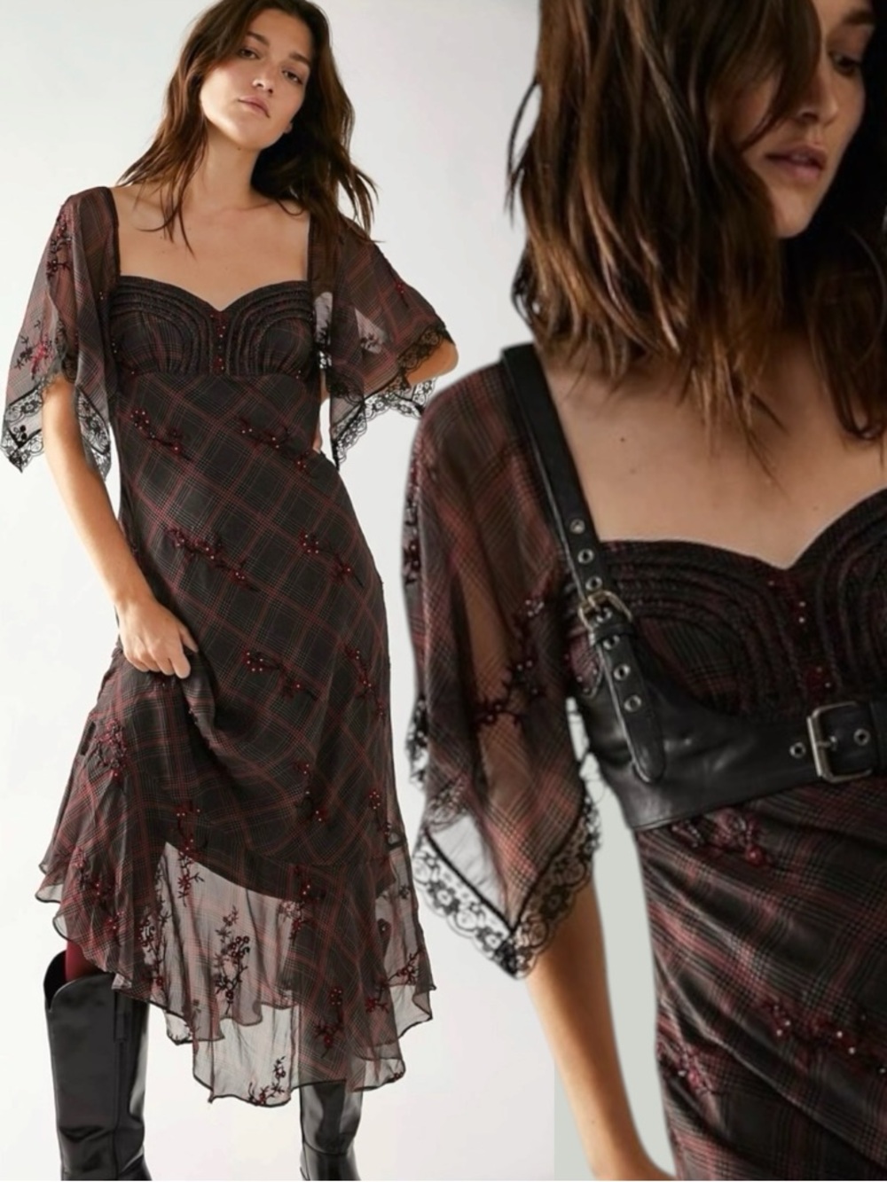 Free People Grunge WhimsyGoth Plaid Sheer Midi Dress 12 Fallen Flowers Fairy